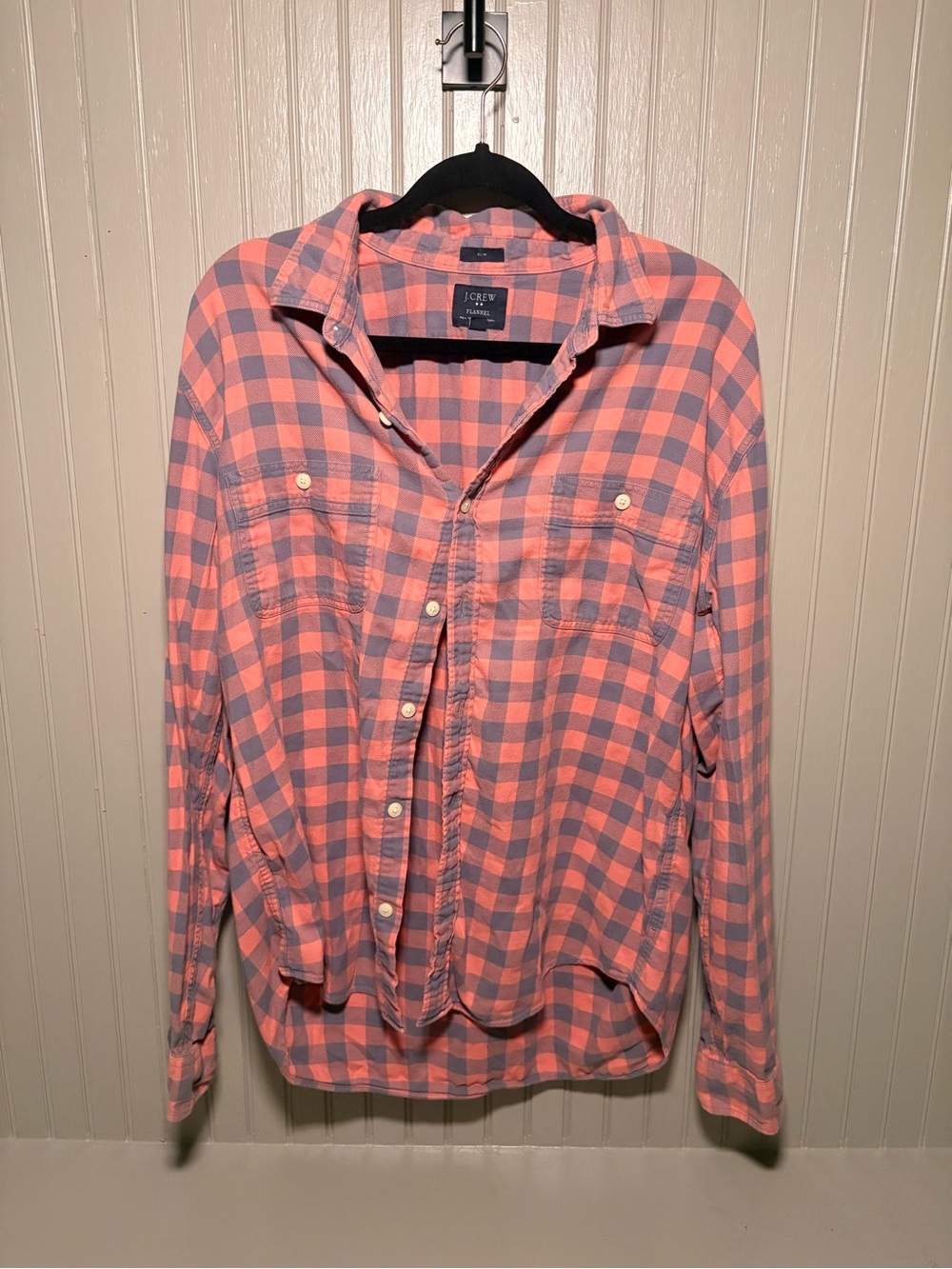 J. Crew Men’s Coral Pink and Gray Check Button-Down Shirt